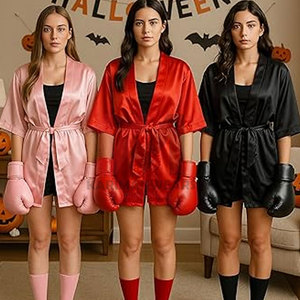 Halloween Boxing Costume Women Black Red Pink Boxer Outfit Cosplay Satin Robe Boxing <b>Gloves</b> Socks Sexy Fighter Champion - Product Image 4