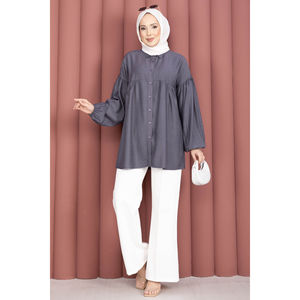 Blouse décontractée automne/hiver à manches ballon, tunique froncée en mousseline gris fumé pour femme, taille XL, printemps/été - Product Image 4