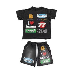 Conjunto de camiseta y pantalones cortos de algodón 100% de alta calidad para hombre, camiseta de gran tamaño con cordón antiretráctil de patrón sólido y Color sólido - Product Image 1