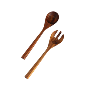 Ensemble de couverts en bois naturel brun, écologique, lavable au lave-vaisselle, fabriqué à la main, cuillère à salade, fourchette - Product Image 1