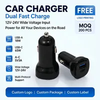 Cargador Rápido para Auto de Doble Puerto USB C PD 65W y USB A QC 18W con Salida Independiente, Listo para Usar, Logotipo OEM Serigrafiado Gratis