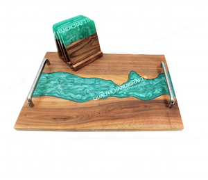 2023ชุดถาดรองแก้ว4ชิ้นพร้อมถาดรองแก้วไม้อีพ็อกซี่สีเขียวเมทัลลิก - Product Image 1