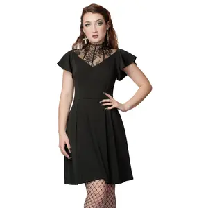OEM Retro kısa çarpıntı kollu Patchwork boyun A-Line yaz Vintage dantel elbise bayan