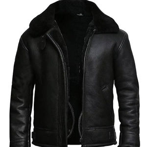 Chaqueta Bomber de Cuero Negra, Estilo B3, en Piel de Oveja Genuina, con Solapa de Piel y Cuello de Borrego, Diseño con Ajustadores en la Cintura - Product Image 5