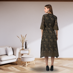 Vestido Midi con cremallera frontal con estampado Floral de diseñadores elegantes hechos a mano para mujer, mangas 3/4, negro, Beige, cómodo, transpirable, informal, para fiesta - Product Image 2