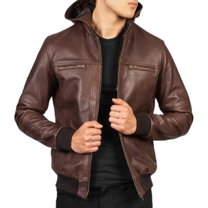 Veste en cuir pour homme à la mode, à fermeture éclair, à capuche, coupe-vent et écologique pour l'hiver - Product Image 2
