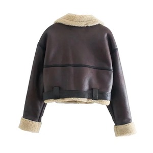 Winter Women Streetwear Faux Lamb <b>Leather</b> <b>Fur</b> Short Jacket <b>with</b> Belt Moto Biker Thick Warm Sheepskin <b>Coat</b> Outwear - Product Image 2