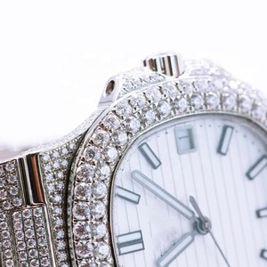 Custom <b>Design</b> and Logo Luxurious Studded Analog Stainless Steel IcedOut VVS Clarity Full Moissanite Diamond Hip Hop Wrist Watch - Product Image 3