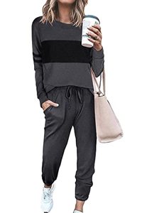 Unisex de 2 piezas de talla grande cuello redondo manga larga Tops pantalones de chándal transpirables Color Block trajes Logo para verano salón mujer 2 uds - Product Image 5