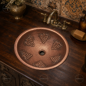 Handmade Copper Vessel <b>Sink</b> Single Bowl <b>Round</b> Rustic Matte Hammered Surface Grape Design Counter <b>Bathroom</b> <b>Sink</b> Easy Clean DIVRIS - Product Image 4