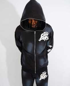 Custom Distressed Applique 2 Piece Zip Hoodie and Flared Jogger Set Men's Streetwear Fit 100% Cotton <b>Y2K</b> <b>Tracksuit</b> Pullover Wear - Product Image 5