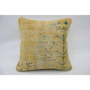 Almohada de retazos Kantha de lana amarilla, cojín decorativo bordado Floral Vintage de 16x16 pulgadas para suelo, vacaciones de Navidad, 18x18 - Product Image 1