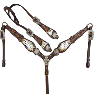 Bride de collier de poitrine en cuir perlé occidental sculpté à la main avec topaze pour l'équitation - Product Image 1