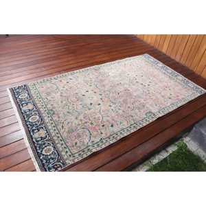 Alfombra Vintage, Alfombra Turca Decorativa de 3.37x6.2 pies, Alfombra Floral Azul y Rosa - Product Image 2