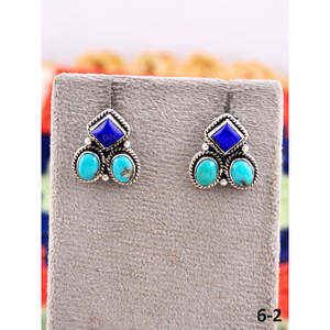 Southwest Geometric Stud <b>Earrings</b> Lapis Lazuli & Kingman Turquoise with Sterling <b>Silver</b> Bezel Setting - Product Image 2