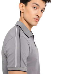 Top Qualité Hommes Gris Couleur Coton Polyester Mix Polo T Shirt Avec Fermeture Éclair Col Côtelé Et Passepoil Sur Les Épaules - Product Image 3
