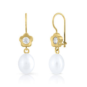Boucles d'oreilles élégantes en perles longues en or avec pierre de fleur CZ luxueuse Perles naturelles pour femmes avec fleur de pierre CZ luxueuse - Product Image 1