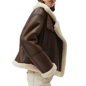 <b>Women's</b> Real Sheepskin Shearling Fur Leather <b>Flying</b> Brown Bomber <b>Jacket</b> - Product Image 3