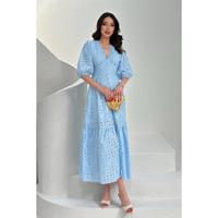 Robe Elisa Fashion pour femme, bleu ciel, manches bouffantes, détail plissé, dentelle brodée
