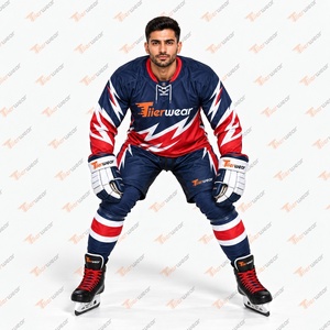 Camiseta de Hockey sobre Hielo para Hombre Tiierwear, Manga Larga, Sublimada, Transpirable, de Poliéster, Diseño a Rayas Rojo, Azul y Blanco, Uniforme para Adultos, Talla Regular - Product Image 5