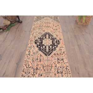 Turkish Vintage Runner Rug 2.6x8.2 ft, <b>Brown</b> Blue Plants & trees <b>Wool</b> Rug - Product Image 3