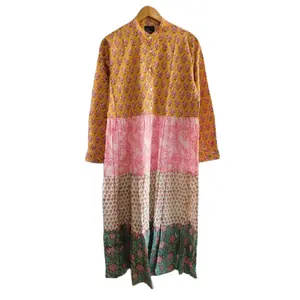 Indian Cotton Patchwork Dress With Button Hand Block Floral Printed Women Long Nightwear Maxi