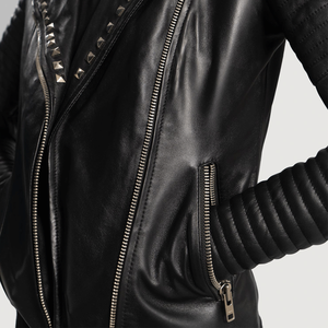 Women's Genuine Sheepskin Leather Biker Style Motorbike Jacket Winter Windproof Studded Notch Collar Black Breathable Motorcycle - Product Image 5
