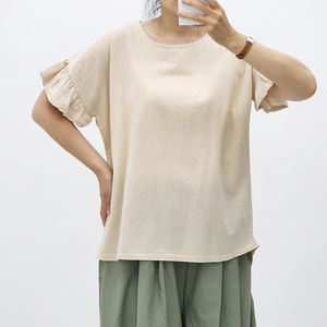 Blusa de Verano para Mujer, de Algodón Tejido, Cuello Redondo, con Mangas con Volantes, Estilo Dulce, Transpirable, Color Liso, Teñido, Venta al Por Mayor OEM - Product Image 1