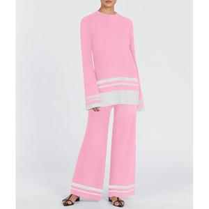 2025 conjuntos de suéteres a rayas de gran tamaño de punto salón de moda 2 piezas trajes de algodón para mujeres conjuntos a juego chándales - Product Image 3