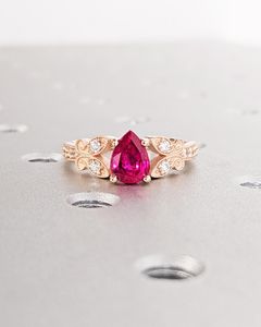 Anillo de mariposa de filigrana lágrima rubí pera corte anillo naturaleza anillo de compromiso 925 14K joyería chapada en oro rosa - Product Image 1