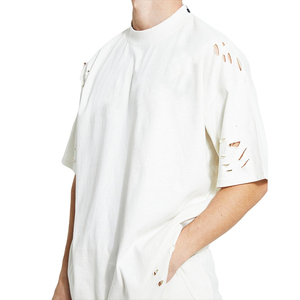 T-shirt Streetwear d'été vintage du fabricant pour hommes 100% coton Long Distressed Short Sleeve Customizable Oversized Fit - Product Image 2