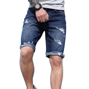 Shorts pour jeunes hommes été décontracté couleur unie Denim Shorts taille moyenne lavage foncé tissé Jeans avec jambe roulée motif chaud - Product Image 1