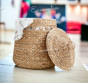 Organisateurs de conteneurs de stockage de panier tissé rond naturel pour le stockage d'articles ménagers panier à linge pour enfants avec couvercle en rotin de bambou - Product Image 2