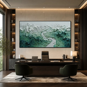 Tableau sur toile Paysage alpin texturé en impasto avec rivière, cadre doré, style contemporain, décoration intérieure - Product Image 2
