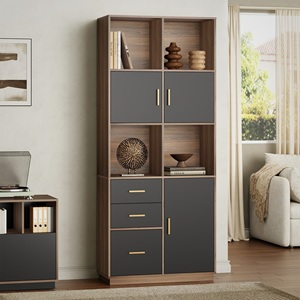 Vitrina Moderna con Cajones, Librería Alta de Madera de Nogal, Vitrina de Exhibición para Sala de Estar, Mueble de Almacenamiento DR577 - Product Image 2