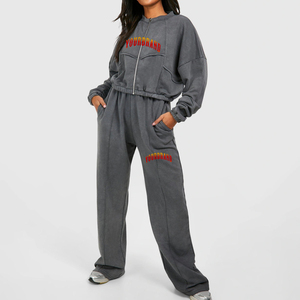 OEM/ODM Women Loose Fit 100% Cotton <b>Zip</b> <b>Up</b> Acid Wash Tracksuit Custom Logo Vintage Washed Streetwear Sweat Suits - Product Image 4