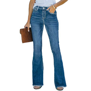 Best Wholesale Custom Logo Dark Blue High Stretch Flared Denim <b>Jeans</b> Pants <b>For</b> <b>Women</b> Long <b>Baggy</b> Casual Waist Pakistan Factory - Product Image 1