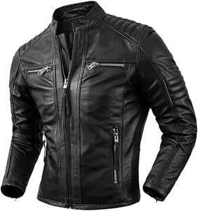 Veste en cuir véritable tendance pour homme, style vintage, cuir de vache vieilli, épaules matelassées, veste en cuir de motard pour homme - Product Image 1
