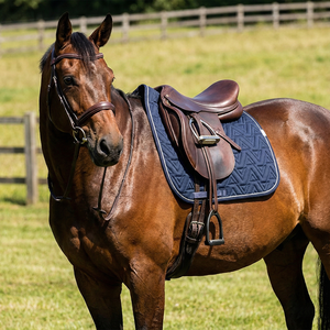 Selle de dressage matelassée bleu marine, design profilé pour avecers hauts, motif triangulaire surélevé, doublure en maille, rembourrage en mousse de coton, sangle de soutien - Product Image 1