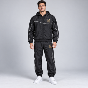 Chaqueta con capucha y cremallera completa con ribetes reflectantes para hombre, pantalones deportivos de corte holgado, fabricante de ropa personalizada - Product Image 1