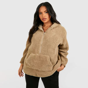 Vente en gros élégant Teddy Fleece 1/4 Sweat à capuche surdimensionné zippé pour femme Nouvelle saison Veste doublée avec capuche tendance en tissu tricoté chaud - Product Image 1
