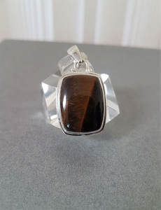 Handmade Sterling Silver Rhodium <b>Tiger</b> <b>Eye</b> Gemstone Brass Pendant Engagement Wedding Size 8X12MM Rectangle Shape Bezel Setting - Product Image 4