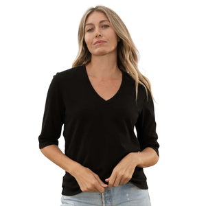 Camiseta de Manga Larga con Cuello en V para Mujer, Negra, Gruesa, 100% Algodón Orgánico de Lujo, Preencogido, Certificado GOTS, Ajuste Premium y Duradero - Product Image 3