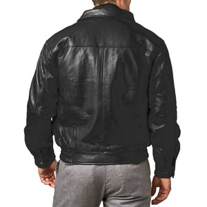 Blouson aviateur en cuir véritable noir pour hommes, style classique, avec ceinture élastique et fermeture à glissière sur le devant - Product Image 2