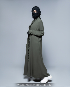 Hecho a mano musulmán Ruffle Abaya Mujer Modesto Longitud del suelo Caqui Poliéster/Lana Melocotón Venta al por mayor Proveedor y fabricante - Product Image 2