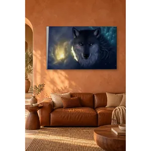 Impression sur toile de loup aux yeux bleus de Fida avec lumière dorée sur fond galactique - Product Image 5