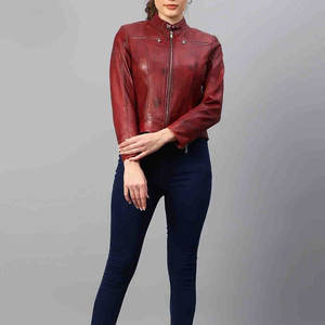 Veste d'hiver minimaliste en cuir véritable ouvert sur le devant pour femmes avec fermeture à glissière Tissu tricoté respirant et coupe ajustée - Product Image 4