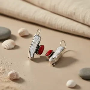 Boucles d'oreilles pendantes tendance pour femmes, argent, perle et corail rouge, bijoux - Product Image 3