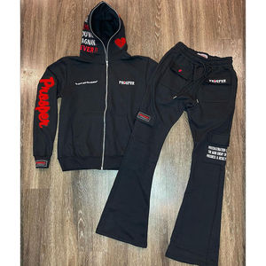 Vente la plus populaire Patchs chenille unisexes personnalisés et lettres de broderie Sweat à capuche zippé et pantalons de survêtement évasés Private Label Hommes Survêtements - Product Image 1