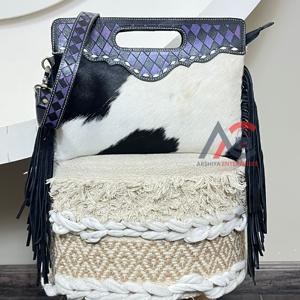 Sac à main en cuir de vachette personnalisé avec franges, motif à carreaux, poignée supérieure, sac à bandoulière en cuir véritable pour femmes - Product Image 1